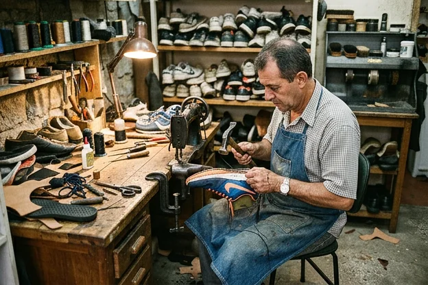 Sapateiro consertando tênis em um ambiente de trabalho com ferramentas apropriadas.