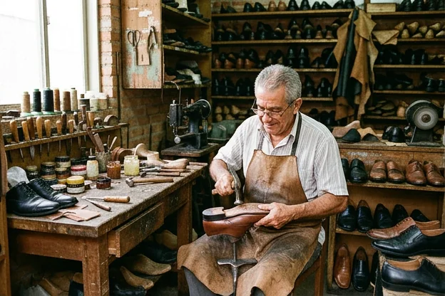 Sapateiro trabalhando na reforma de sapatos sociais, mostrando as etapas do processo.