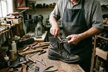 Sapateiro ajustando o zíper de uma bota em um ambiente de trabalho técnico.